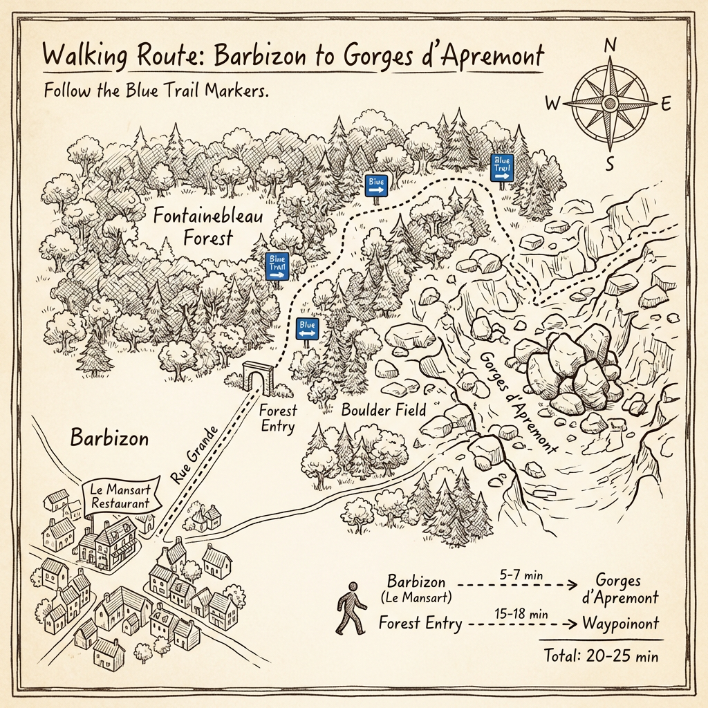 HENRI's scout map, Saturday afternoon — the walking route from Barbizon to the Gorges d'Apremont. Follow the blue trail markers.
