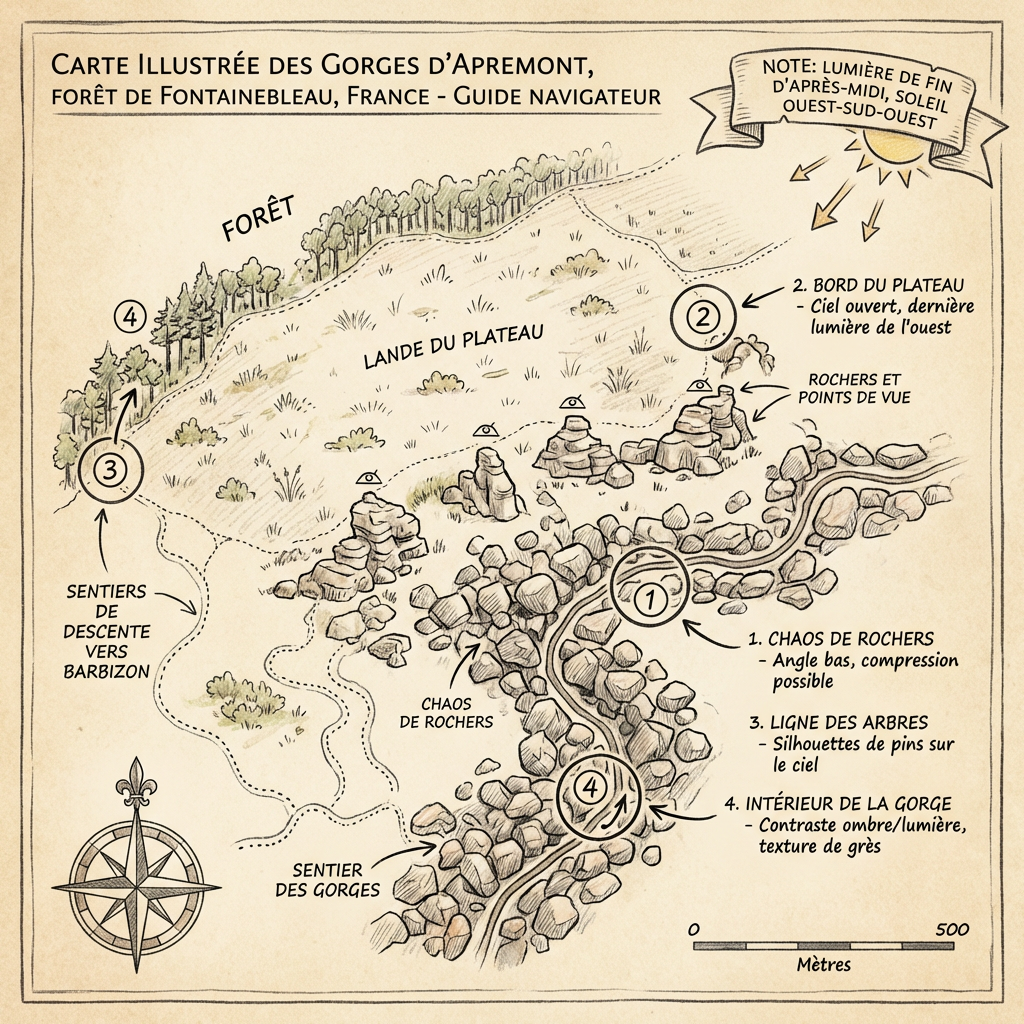 HENRI's four-zone navigator for the gorge — Chaos de rochers, Ligne des arbres, Intérieur de la gorge, Lande du plateau. Drawn in French because the gorge insists.