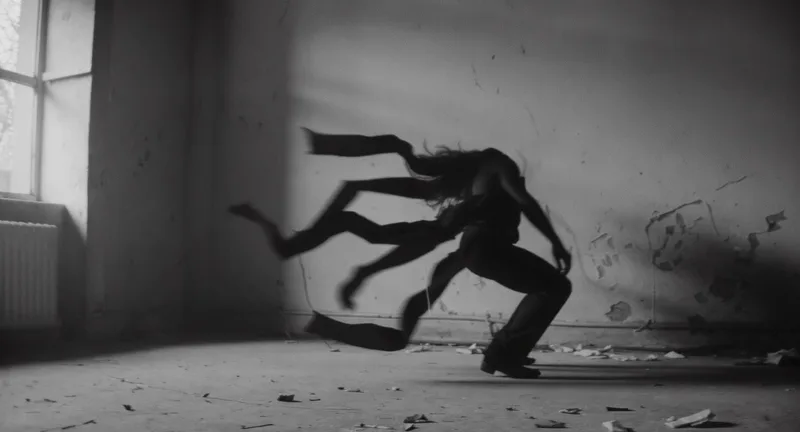 A dancer or performer in violent motion inside a derelict interior space