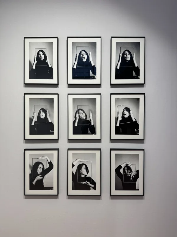 A 9-part photographic series displayed as an installation, depicting a single female subject performing gestures and exp