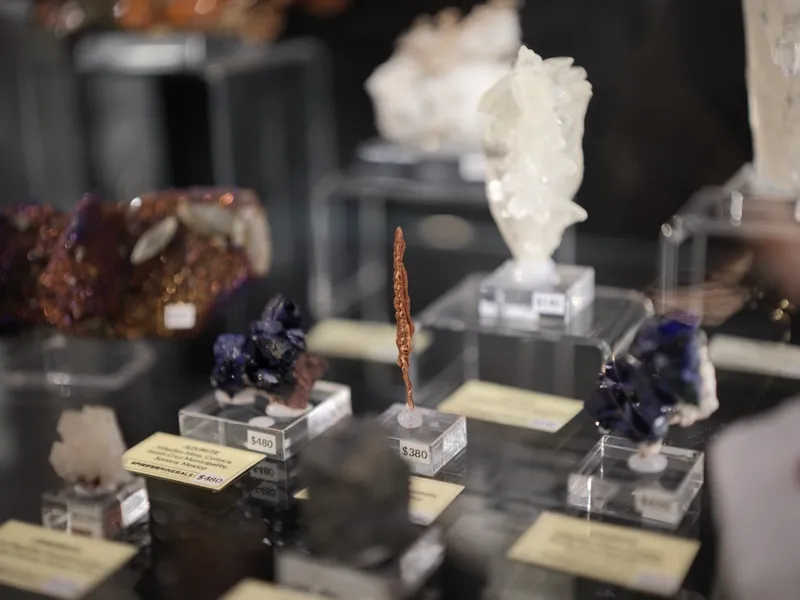 Mineral specimens for sale, displayed as collectible objects in a commercial gallery or gem show setting