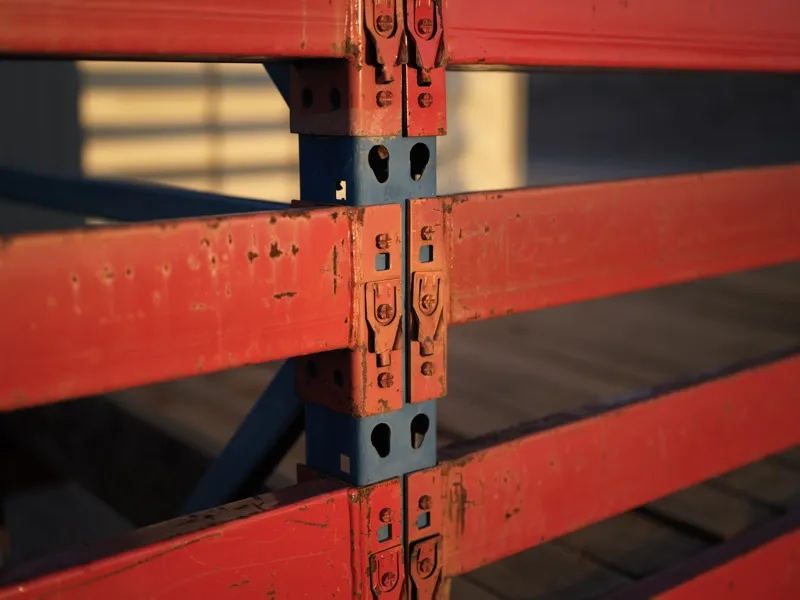 The mechanical junction of industrial pallet racking — specifically the teardrop-slot connector system where a blue stee