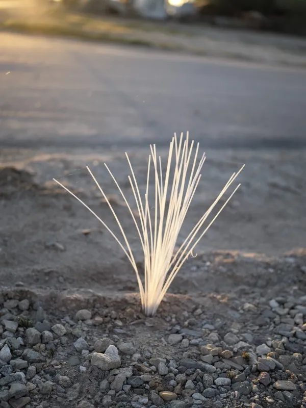 A bundle of fiber optic strands or synthetic filaments emerging from gravel at the roadside, backlit at golden hour