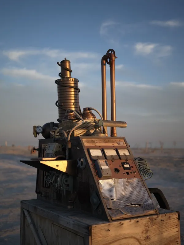 A fabricated steampunk or retro-futurist machine — likely a sculptural installation — mounted on a rough wooden crate, p