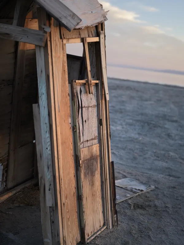 The skeletal remains of a weathered wooden structure — likely an outbuilding or utility shed — standing in a state of ad