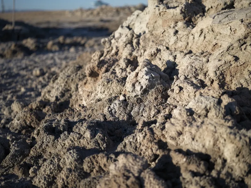 Severely desiccated and fractured earth, photographed at close range as a landscape in miniature