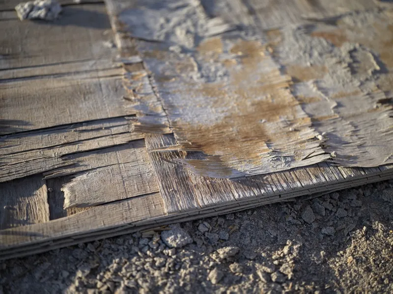 A sheet of heavily deteriorated plywood lying on compacted gravel, its laminar layers separated, splintered, and stained