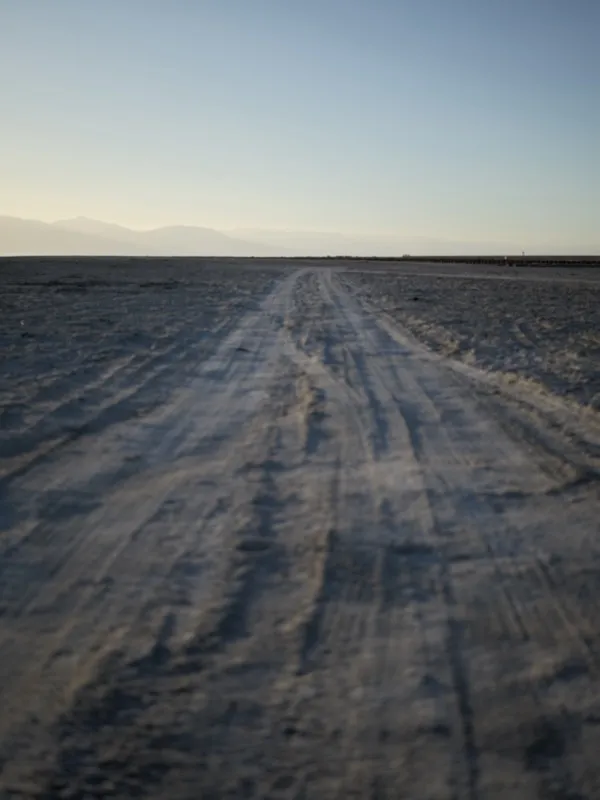 Tire tracks crossing a salt flat or desert pan, shot at ground level at dusk