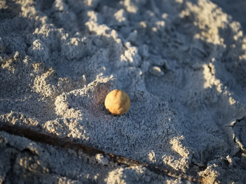 A small spherical seed or dried berry resting in a shallow depression in cracked, dry sandy or ashy ground