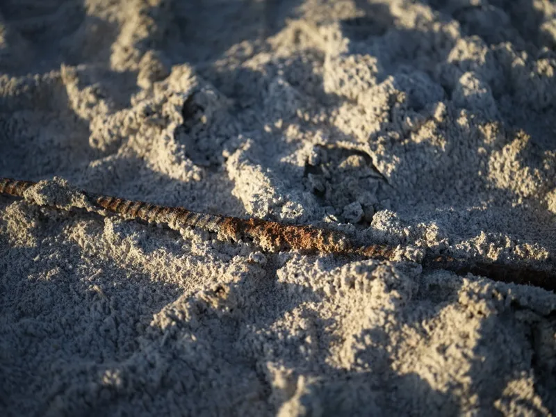 A corroded steel rebar rod partially embedded in beach sand