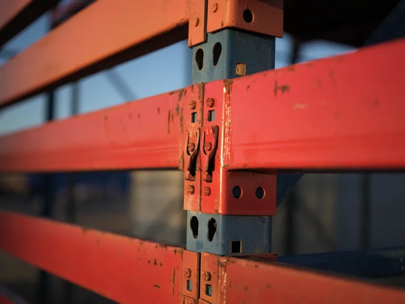 The load-bearing connection point of a used industrial pallet racking system — specifically a teardrop-slot locking clip