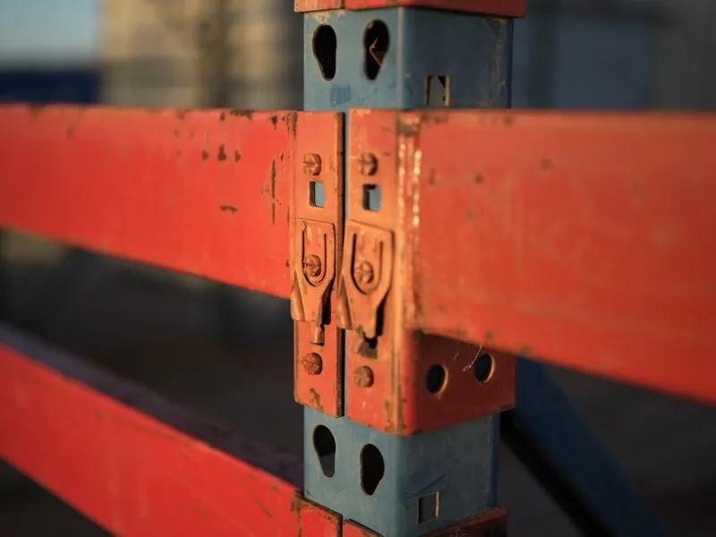 The connection joint of industrial pallet racking — specifically the locking bracket mechanism where a blue steel uprigh