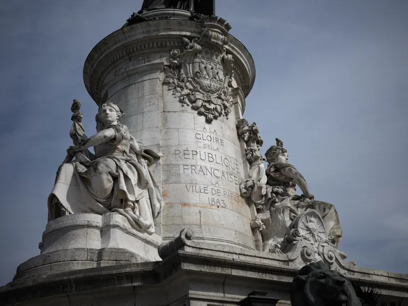 The base of the Monument de la République, Place de la République, Paris, 1883 — specifically the inscription pedestal a