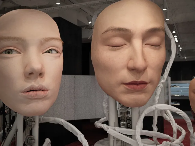 Three disembodied humanoid robot heads on mechanical neck assemblies, displayed in what appears to be a technology exhib