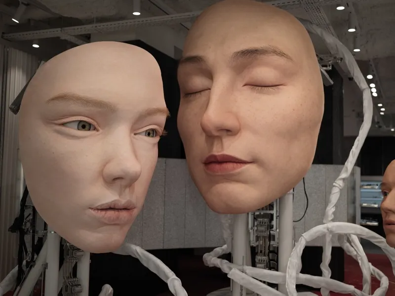 Two hyper-realistic humanoid robot heads on mechanical armatures, photographed in an exhibition or laboratory environmen