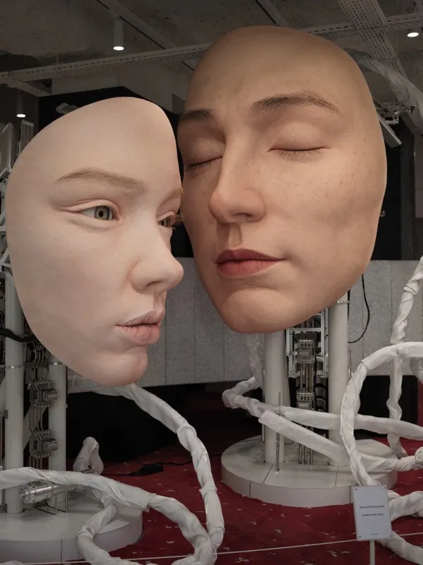 Two large-scale hyperrealistic sculptural human faces mounted on mechanical poles in an exhibition installation — one pa