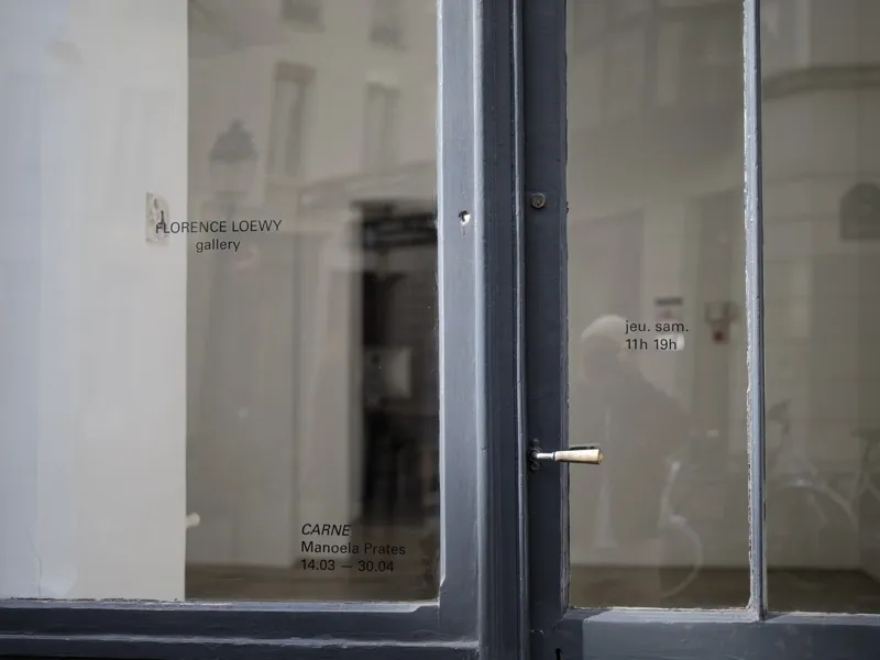 The glass-paneled entrance of Florence Loewy gallery, Paris, announcing the exhibition 'CARNE' by Manoela Prates