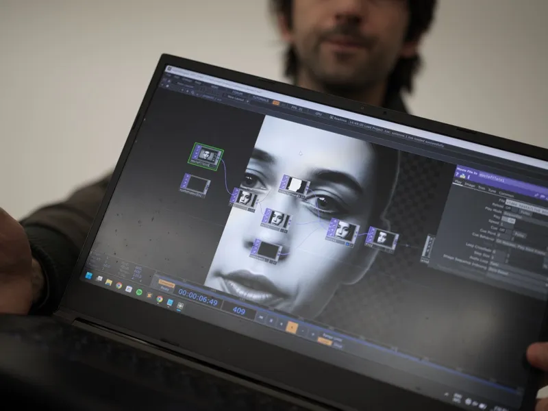 A man holds a laptop displaying a node-based compositing workflow laid over a rendered black-and-white female face.