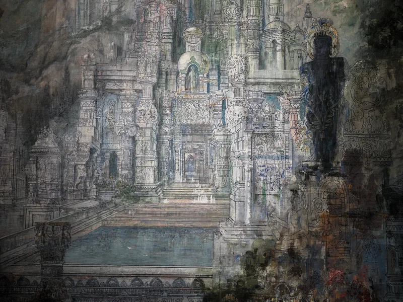 A large-scale painting or mural depicting an elaborately detailed South or Southeast Asian temple complex — possibly Jai