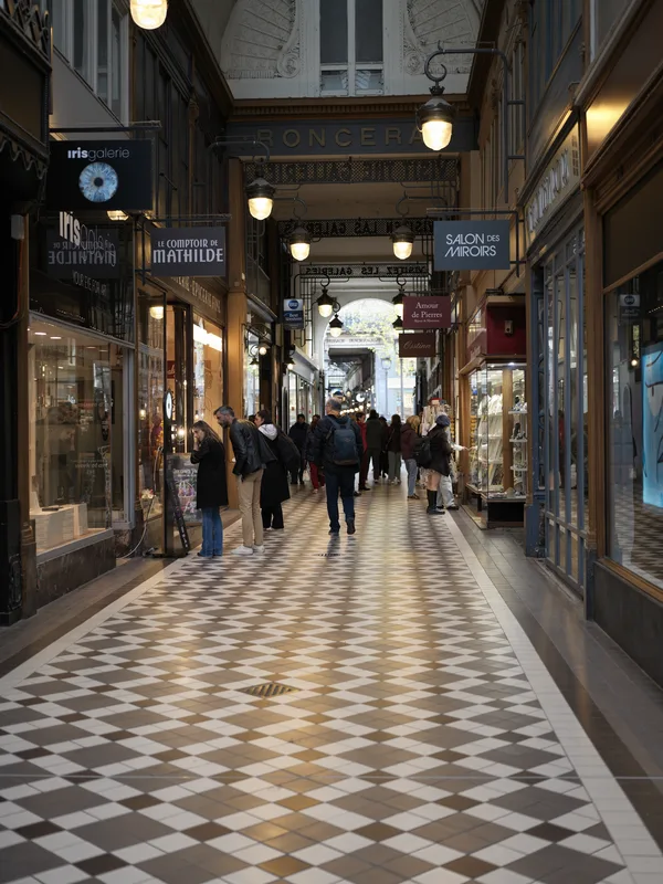 A 19th-century Parisian covered arcade — identifiable as Passage des Panoramas or closely related galerie — with pedestr