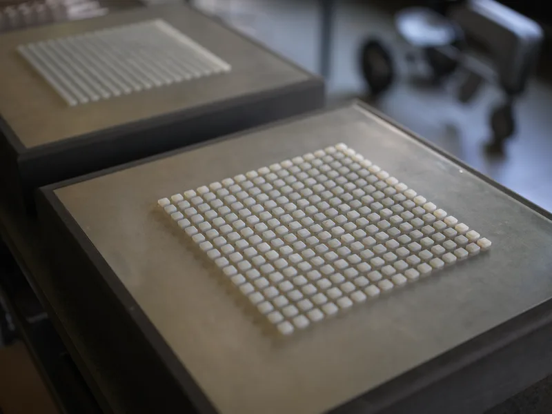 A grid array of small white pharmaceutical tablets or ceramic components arranged on a flat gray tray, with a second ide